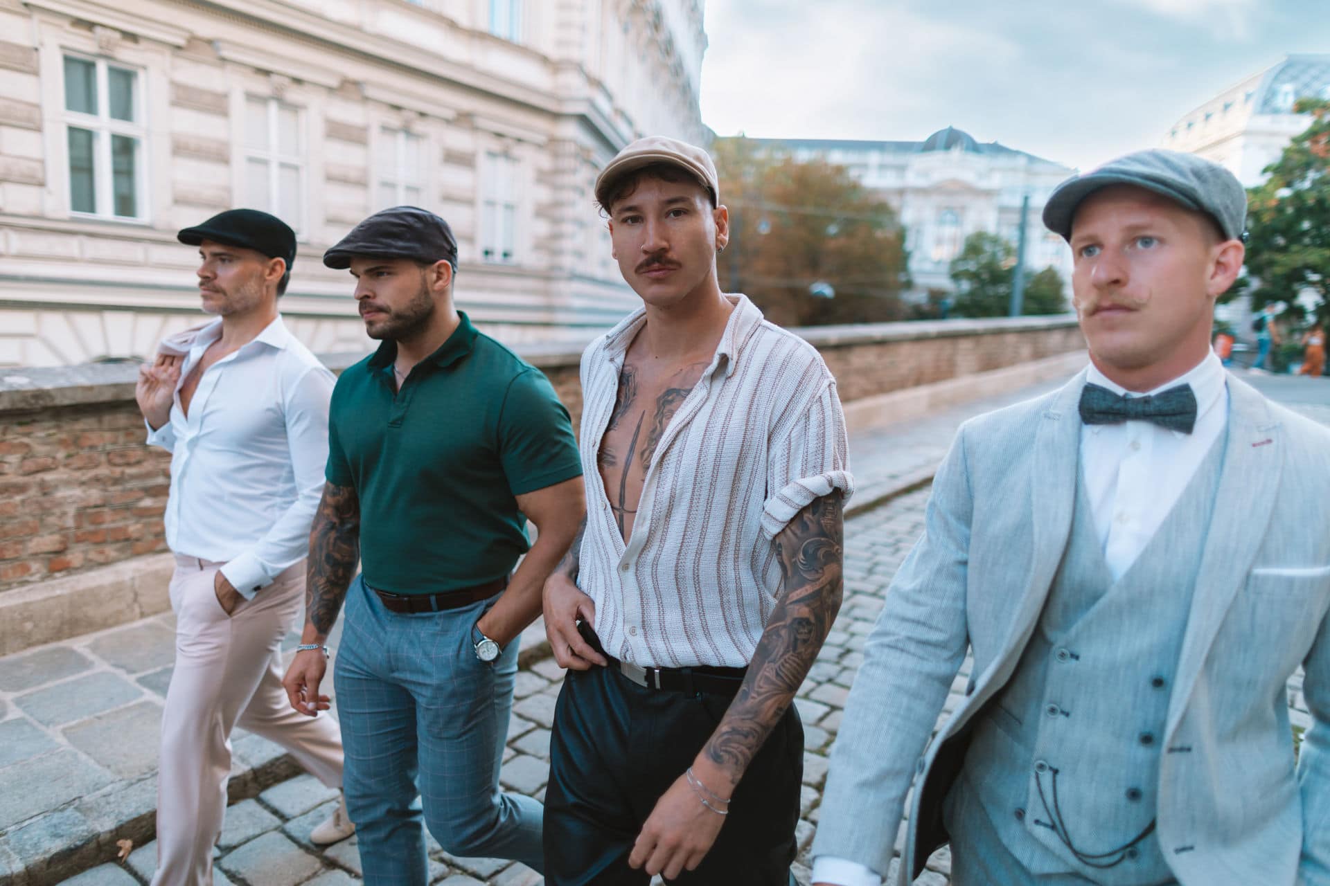 Modern city fashion: A stylish youth rocks a flat cap with confidence.