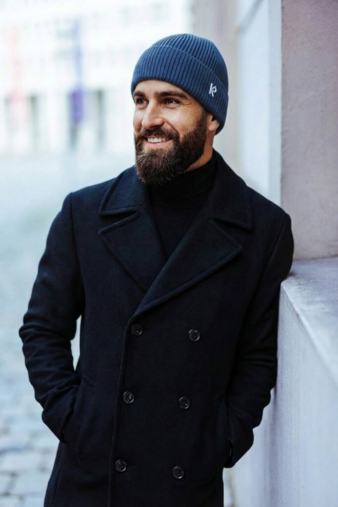 Man with Blue Beanie against a wall